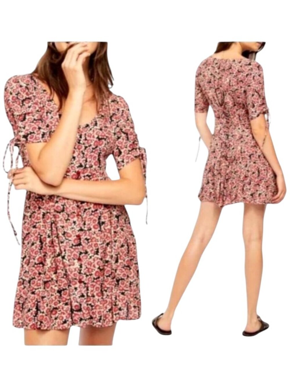 Free People Dress Women XS Red Black Floral Print Corset Lace Up Mini Boho